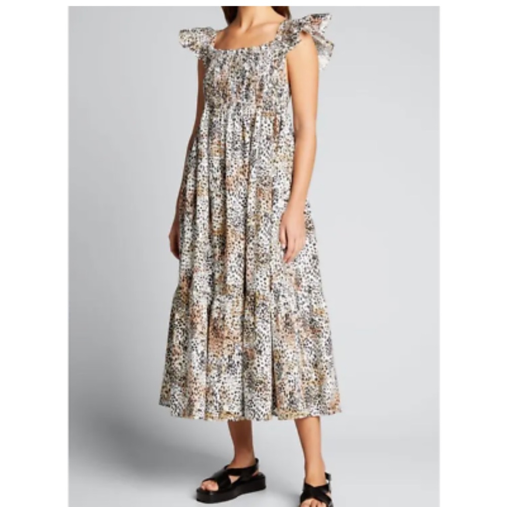 Sea New York Lana Smocked Flutter Sleeve Leopard Print Midi Dress NWT Size S